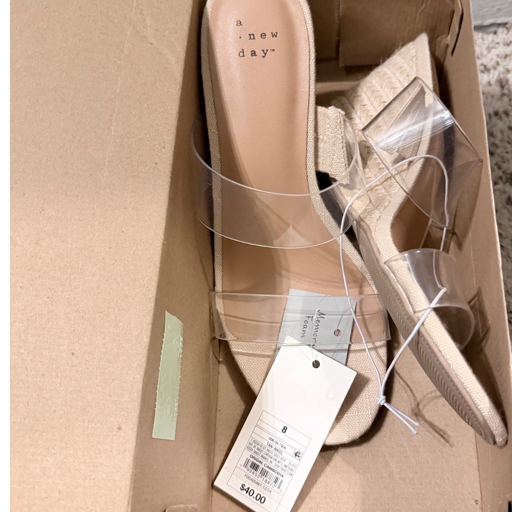 A New Day Ansel Tan Raffia Clear Double Strap Heel Sandals Womens Size 8 - Picture 4 of 8